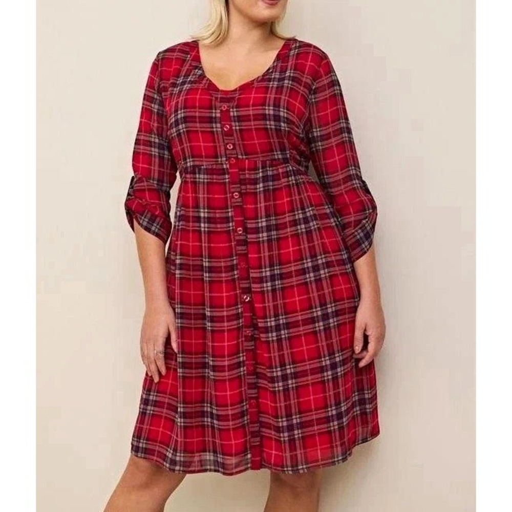 NWT Torrid Red Plaid V-Neck Button Front Knee Length Dress 3/4 Sleeve Sz: 0/12/L